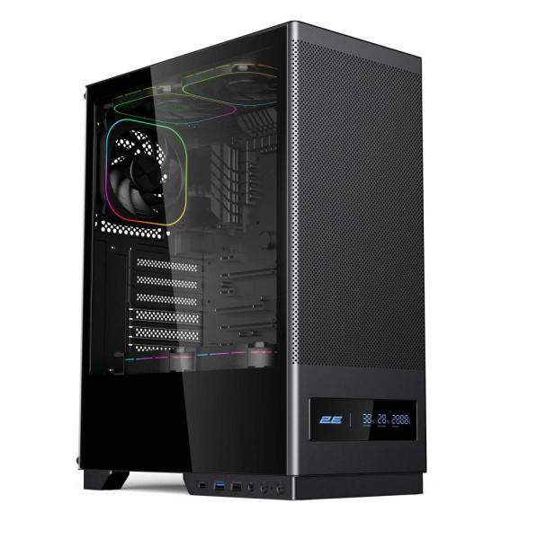Корпус 2E GAMING  Iconic DS V8202B без БЖ, 1xUSB3.0, 1х USB 2.0, 1xUSB Type-C, 3x120мм ARGB, VGA 330мм, LCS ready, контролер з пультом, дисплей,  TG Side Panel, ATX, чорний
