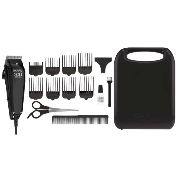 Машинка для стрижки Wahl Home Pro 300, мережа, вібраційний мотор, насадок-10, кейс, масло та ножиці у компл., сталь, чорний