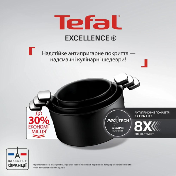 Каструля Tefal Excellence+, з кришкою, 24см, , алюміній, скло, бакеліт, чорний