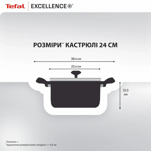 Каструля Tefal Excellence+, з кришкою, 24см, , алюміній, скло, бакеліт, чорний