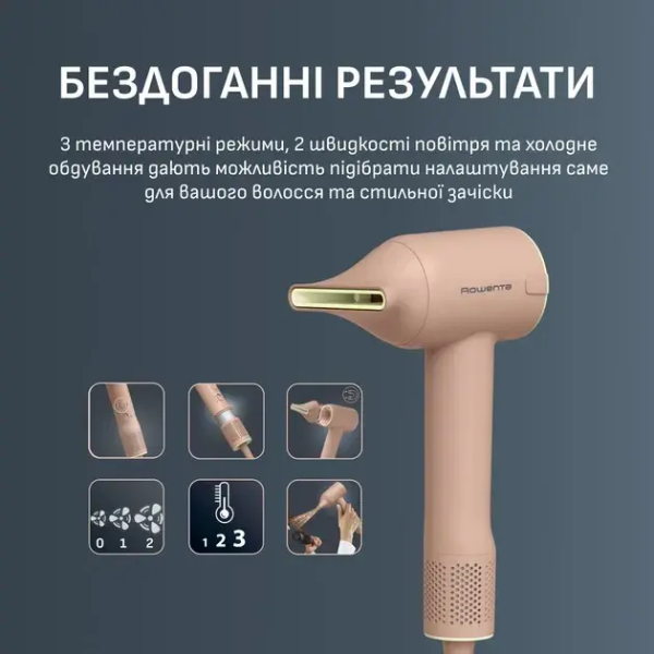 Фен Rowenta Blumia, 1300Вт, 3 режими, іоніз-я, хол. обдув, дисплей, рожевий