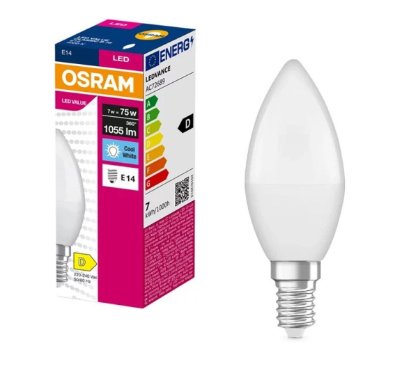 Лампа OSRAM LED E14 7Вт 4000К 1055Лм В75 VALUE