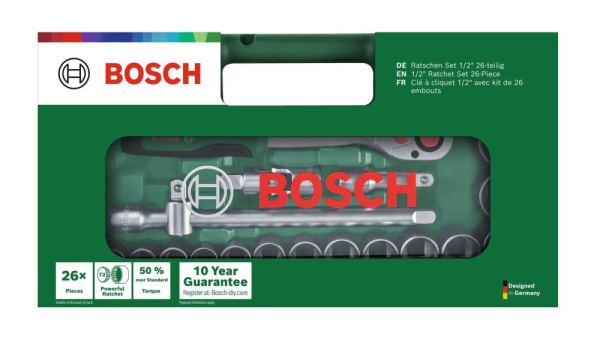 Набір торцевих головок Bosch 1/2" з тріскачкою 265мм, сталь CrV 26шт 0.574кг