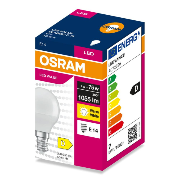 Лампа OSRAM LED E14 7Вт 3000К 1055Лм P75