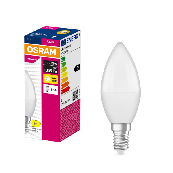 Лампа OSRAM LED E14 7Вт 3000К 1055Лм В75 VALUE