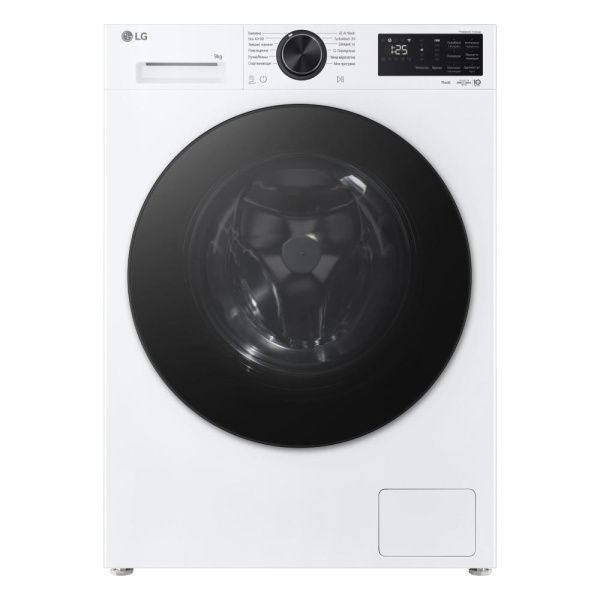 Пральна машина LG фронтальна, 9кг, 1200, A, 48см, дисплей, пара, інвертор, білий
