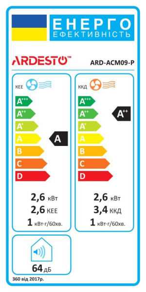 Кондиціонер мобільний ARDESTO CoolFlexPro 25м2 on/off 9000BTU 2.5кВт A/A++ R290 білий