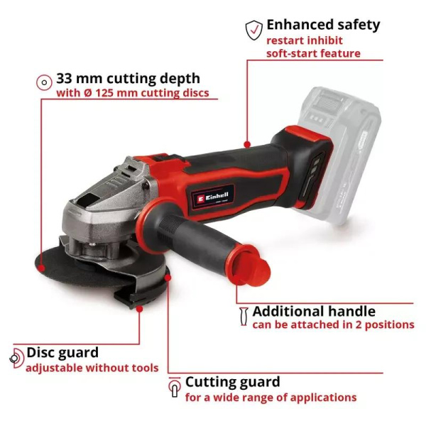 Шліфмашина кутова акумуляторна Einhell TE-AG 18/125-2 Li - Solo 18В 125мм 8500об/хв 1.69кг без АКБ та ЗП