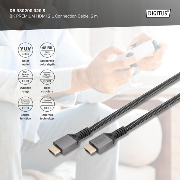Кабель DIGITUS HDMI (M/M), 8K, Ultra High speed/Ethernet, 2м, чорний