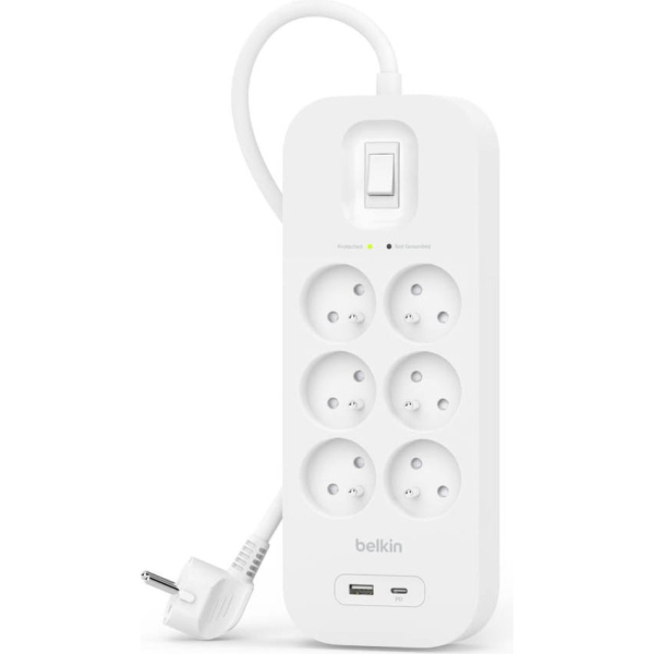 Подовжувач мережевий Belkin 2м, 6хТипE, 16А, USB-A/USB-C 18Вт, фільтр, білий