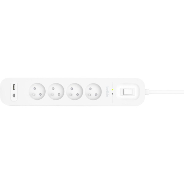 Подовжувач мережевий Belkin 2м, 4хТипE, 16А, USB-A/USB-C 18Вт, фільтр, білий