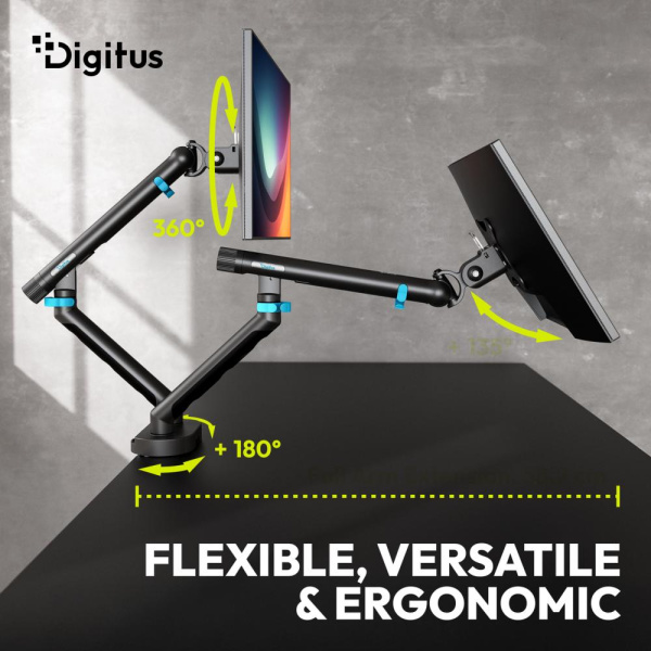 Кріплення DIGITUS Dual Monitor Clamp, 2 x до 35"/10кг, з нахилом, поворотом, чорне