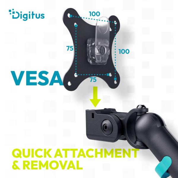 Кріплення DIGITUS Dual Monitor Clamp, 2 x до 35"/10кг, з нахилом, поворотом, чорне
