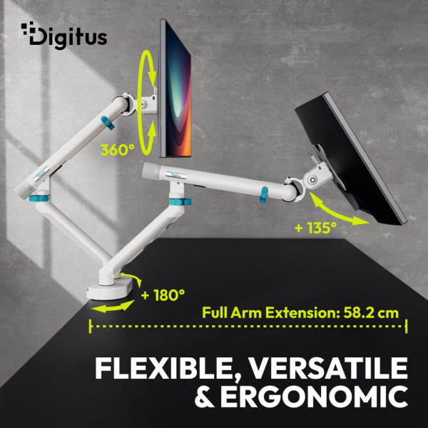 Кріплення DIGITUS Dual Monitor Clamp, 2 x до 35"/10кг, з нахилом, поворотом, біле