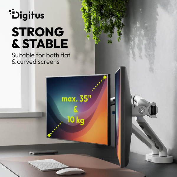 Кріплення DIGITUS Dual Monitor Clamp, 2 x до 35"/10кг, з нахилом, поворотом, біле