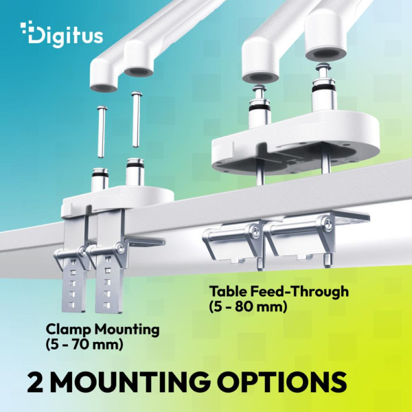 Кріплення DIGITUS Dual Monitor Clamp, 2 x до 35"/10кг, з нахилом, поворотом, біле