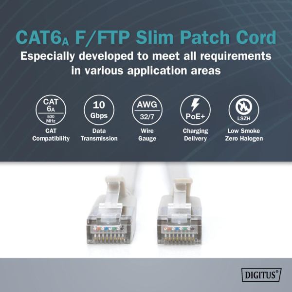 Патч-корд DIGITUS CAT 6a F-FTP Sliim, 0,3 м, AWG 32/7, Cu, LSZH, сірий
