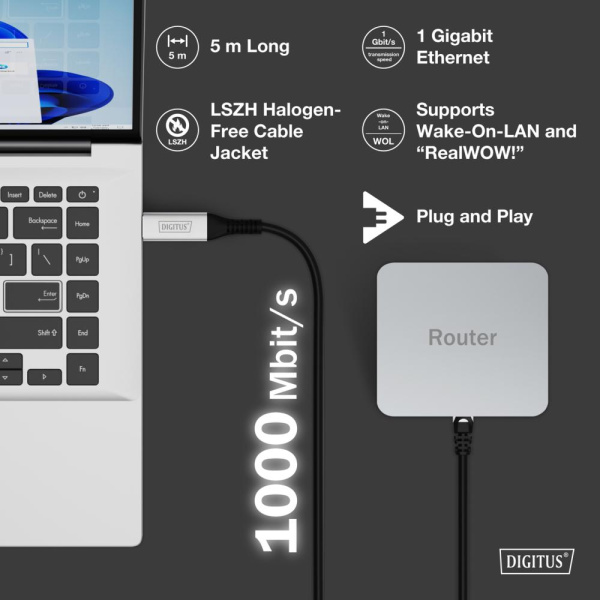 Кабель DIGITUS Ethernet USB-A - RJ45 CAT 6A S/FTP, 1 Gbit/s, 5m, LSZH