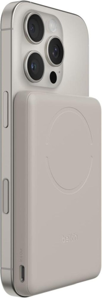 Акумулятор портативний літій-іонний Power Bank Belkin 5000мА·год, 15Вт/Qi2 7.5Вт, Slim Magnetic Ring, пісочний