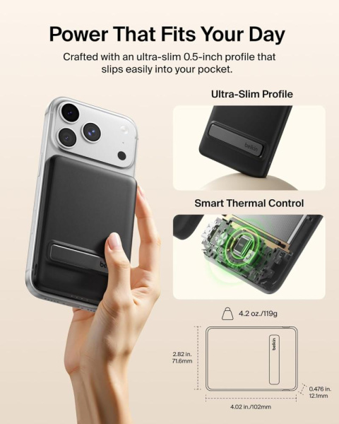 Акумулятор портативний літій-іонний Power Bank Belkin 5000мА·год, 20Вт PD/Qi2 15Вт, Magnetic Kickstand, чорний