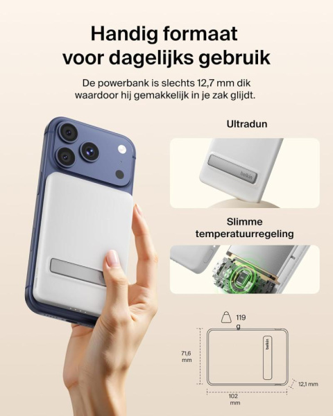 Акумулятор портативний літій-іонний Power Bank Belkin 5000мА·год, 20Вт PD/Qi2 15Вт, Magnetic Kickstand, білий