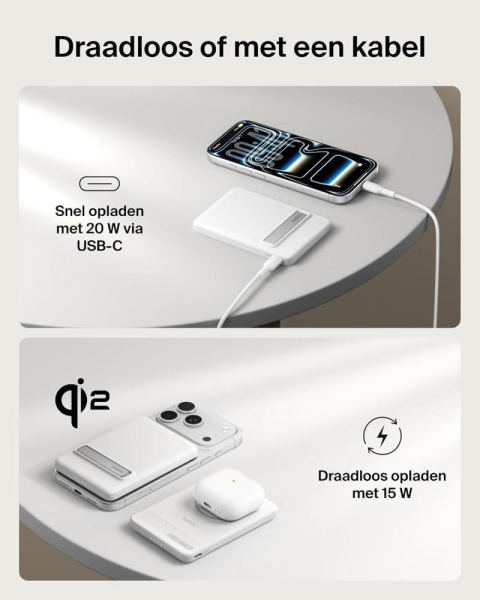 Акумулятор портативний літій-іонний Power Bank Belkin 5000мА·год, 20Вт PD/Qi2 15Вт, Magnetic Kickstand, білий