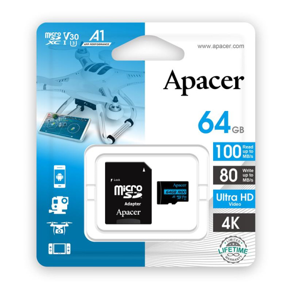 Карта памяти Apacer microSD  64GB C10 UHS-I U3 + SD