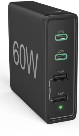 Универсальное зарядное устройство Hama 2 x USB-C PD/QC, 2 x USB-A, 60W Black