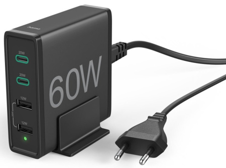Универсальное зарядное устройство Hama 2 x USB-C PD/QC, 2 x USB-A, 60W Black