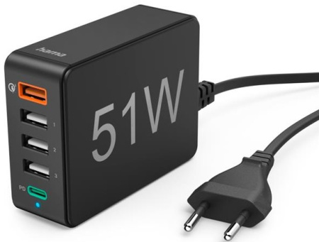 Зарядний пристрій мережевий Hama 51Вт 4хUSB-А/1хUSB-С, PD/QC, чорний