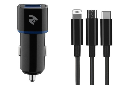 Набір Автомобільний ЗП 2Е 2хUSB 2.4A + кабель 3в1 Lightning/microUSB/Type-C), black
