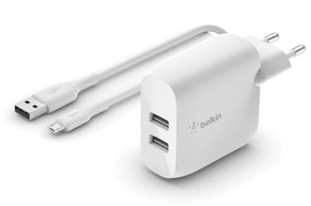 Мережевий ЗП Belkin Home Charger (24W) DUAL USB 2.4A, USB-C 1m, white