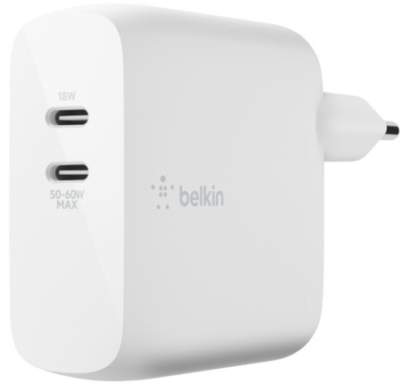 Мережевий ЗП Belkin GAN (50+18W) Dual USB-С, white