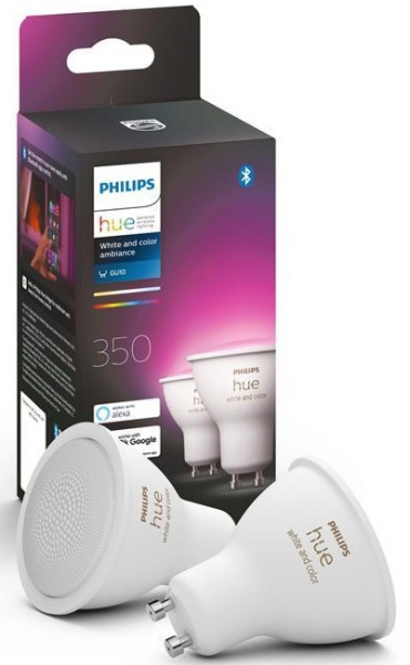 Лампа умная Philips Hue GU10, 5.7W(50Вт), 2000K-6500K, RGB, ZigBee, Bluetooth, диммирование, 2шт
