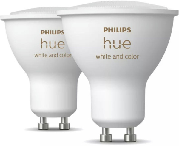 Лампа умная Philips Hue GU10, 5.7W(50Вт), 2000K-6500K, RGB, ZigBee, Bluetooth, диммирование, 2шт