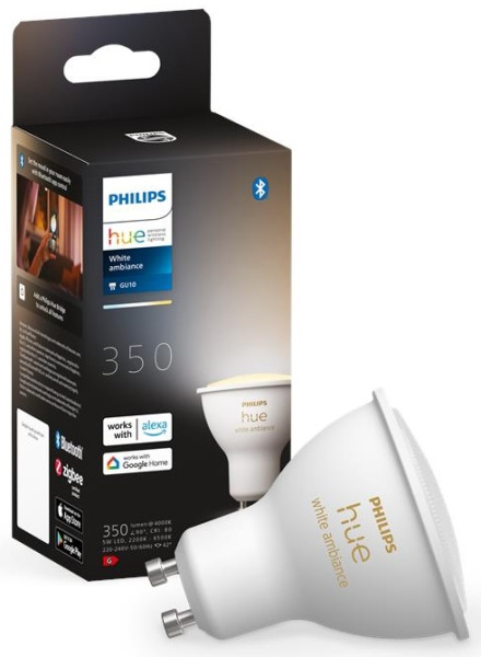 Лампа умная Philips Hue GU10, 5W(50Вт), 2200K-6500K, Tunable white, ZigBee, Bluetooth, диммирование