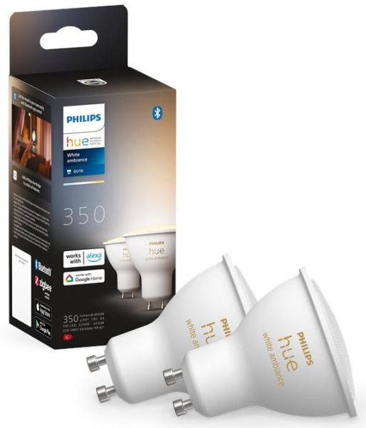 Лампа умная Philips Hue GU10, 5W(50Вт), 2200K-6500K, Tunable white, ZigBee, Bluetooth, диммирование, 2шт
