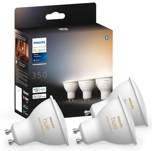 Лампа умная Philips Hue GU10, 5W(50Вт), 2200K-6500K, Tunable white, ZigBee, Bluetooth, диммирование, 3шт