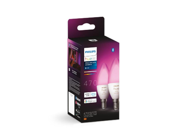 Лампа умная Philips Hue E14, 5.3W(40Вт), 2000K-6500K, RGB, ZigBee, Bluetooth, диммирование, 2шт