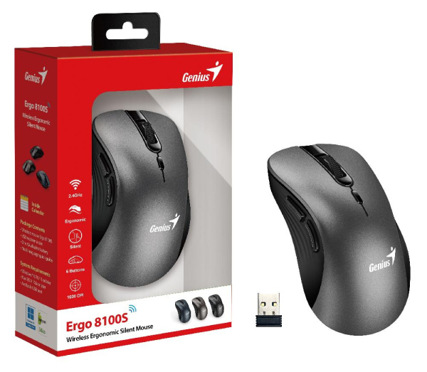 Мышь Genius Ergo 8100S, WL, Silent, серый