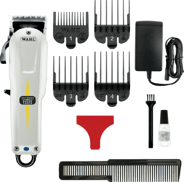 Машинка для стрижки WAHL Super Taper Cordless, акум., роторный мотор, насадок-4, расческа в компл., сталь, белый