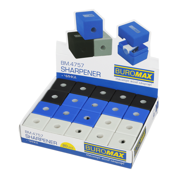 Чинка CUBE, RUBBER TOUCH, 1 отв., контейнер, пласт. корпус, асорті кольорів