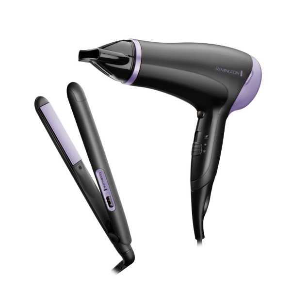 Фен + выпрямитель Remington Style Essentials набор, 2000Вт, режимов-3, фен D3010 + щипцы для волос S1450, фиолетово-черный