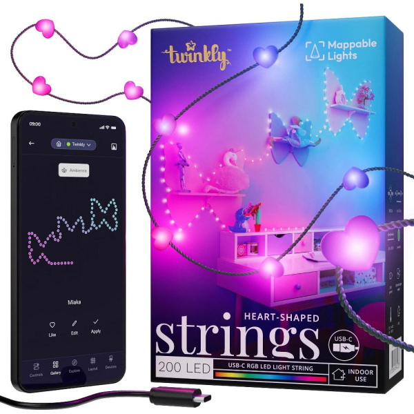 Гірлянда Smart LED Twinkly Candies Heart RGB 200 IP20 12м USB-C кабель зелений