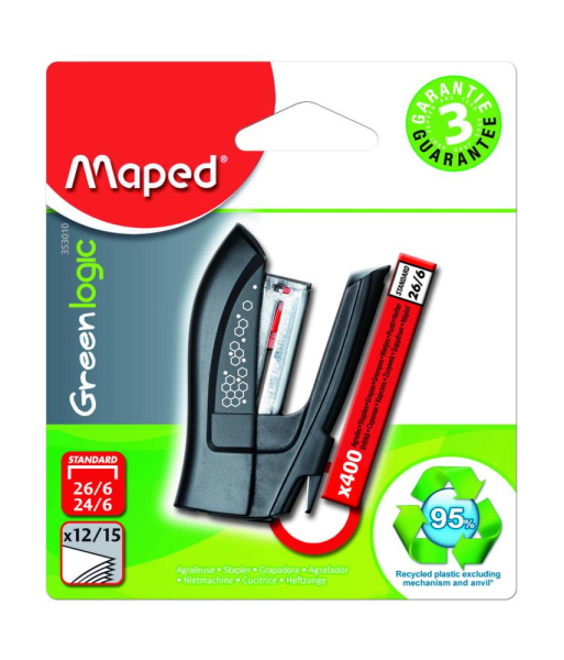 Степлер компактний GREENLOGIC MINI, пластиковий, 15л., (скоби №24/6; 26/6), асорті