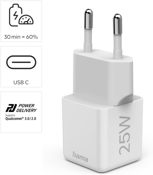 Зарядное устройство сетевое Hama 25Вт USB-С, PD