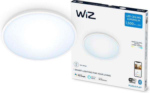 Розумний стельовий світильник WiZ SuperSlim Ceiling 16W (1500lm 29,2см) 2700-6500K Wi-Fi білий