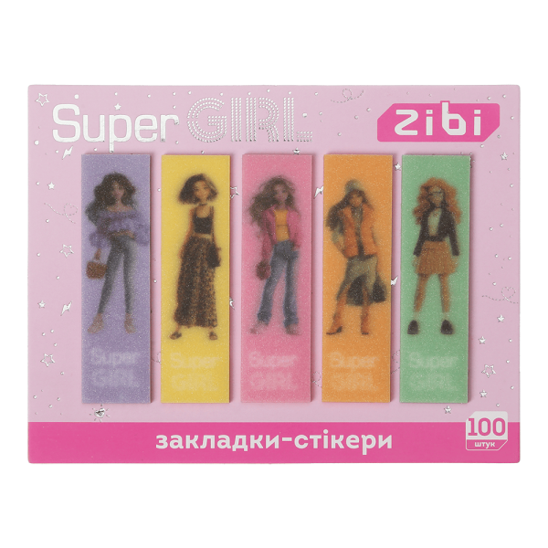 Закладки блискучі SUPER GIRL, з клейким шаром, 55x15 мм, 5 диз. по 20 арк.